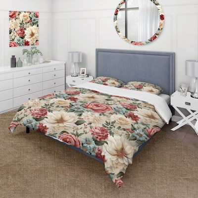 Designart "Farmhouse Pink And White Floral Gardens I" White Cottage Bedding Set With Shams