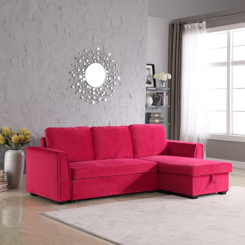 91" Wide Velvet Reversible Sofabed Sectional Sofa & Chaise - 91" Wide - Red