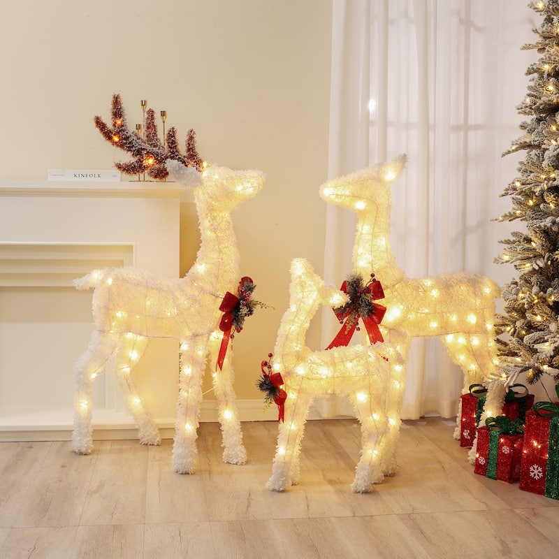 3-Piece Frosted Reindeer Set with Lights Outdoor Holiday Decoration - Green/Red/White