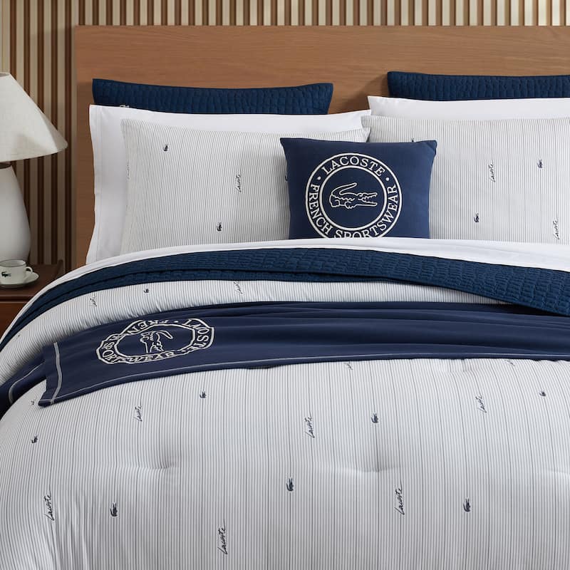 Lacoste Logo Stripe 180TC Percale Cotton 3-Piece Comforter Set - King