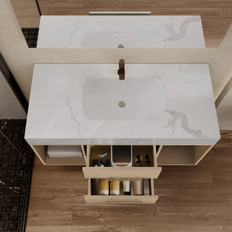 39.4"Floating Bathroom Vanity with Ceramic sink,Wall Mounted Vanity 2 Soft Close Drawer and white Slate top