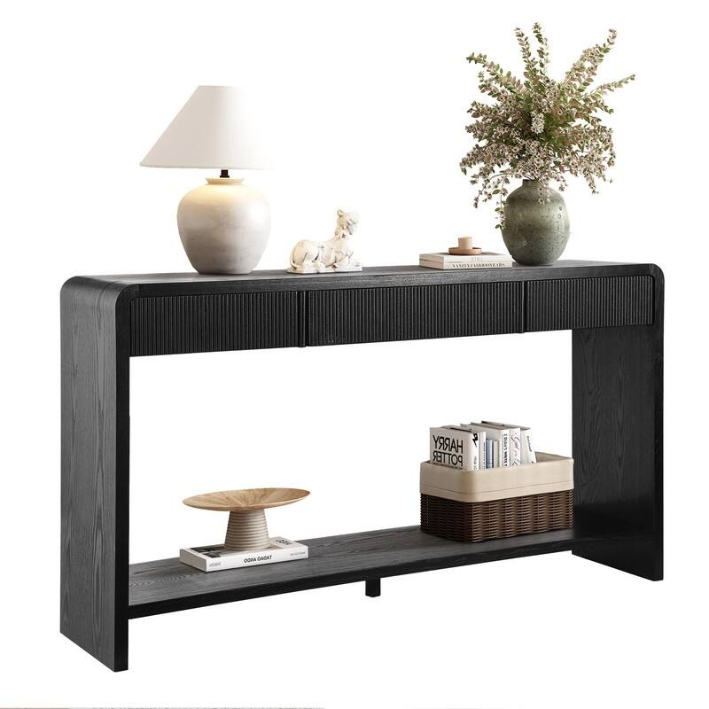 Modern 59" Console Table with 3 Drawers, Vertical Slats and Round Edge Design for Entryway or Hallway - Black