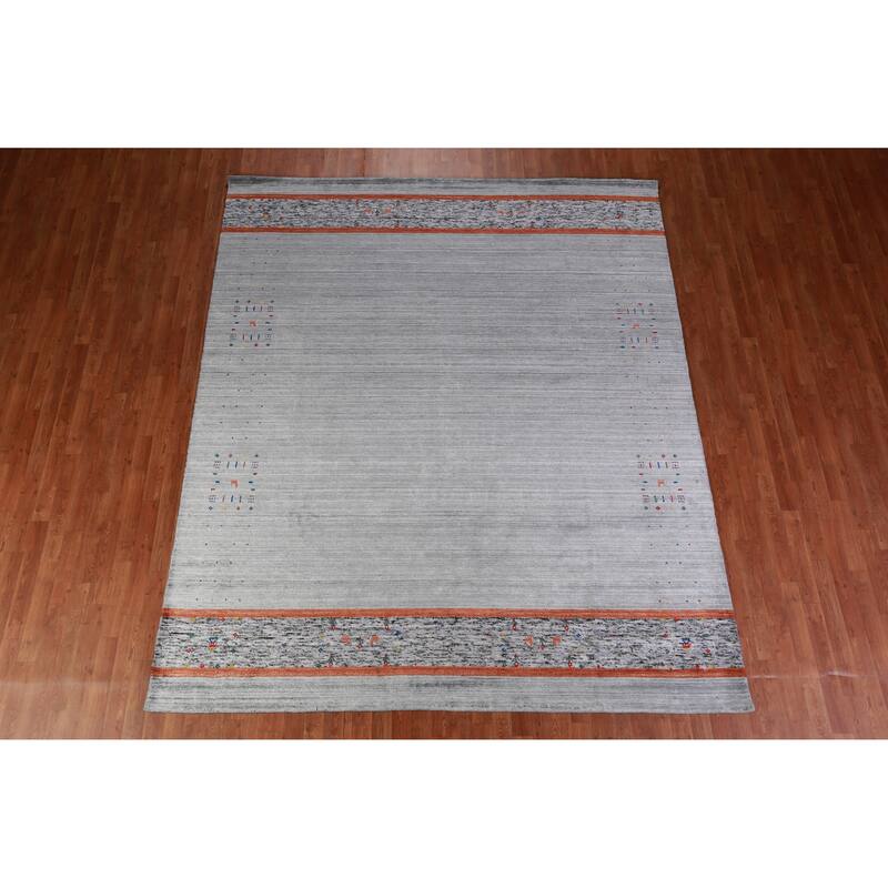 Hand Knotted Oriental Viscose Silk Carpet Tribal Stripe Greys & Charcoal Gabbeh Area Rug - 10' 0'' X 8' 4''