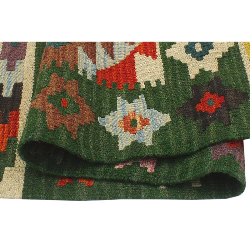 Bohemian Turkish Kilim Hiedi Rust Green Hand-Woven Wool Rug - 2'0'' x 2'11''