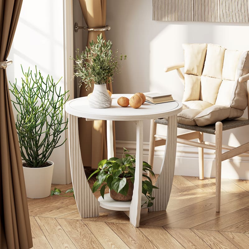 COZAYH Rustic Farmhouse End Table with Storage Shelf, French Country Accent Side Table, Round - MDF
