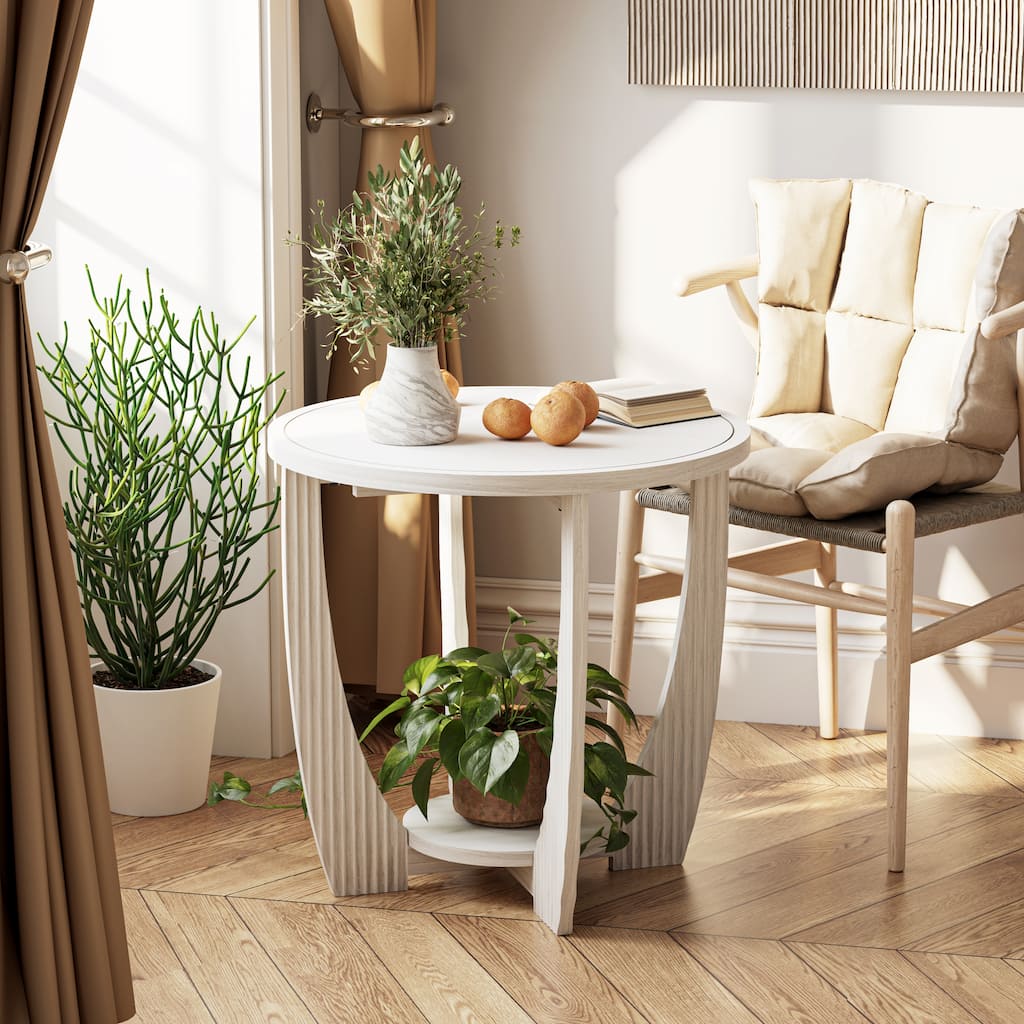 COZAYH Rustic Farmhouse End Table with Storage Shelf, French Country Accent Side Table, Round