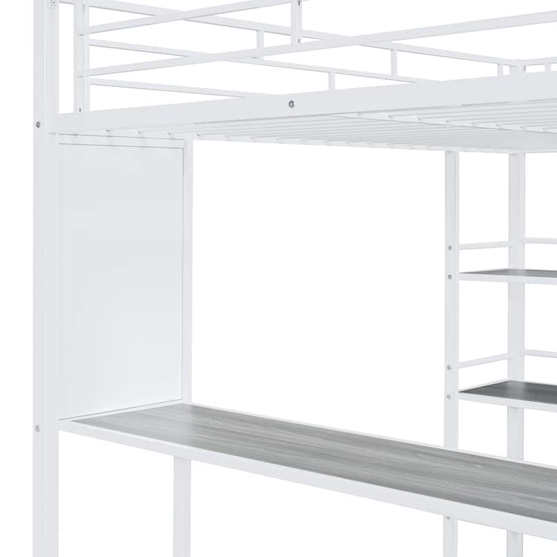 Full Size Metal Loft Bed with Shelves and Desk