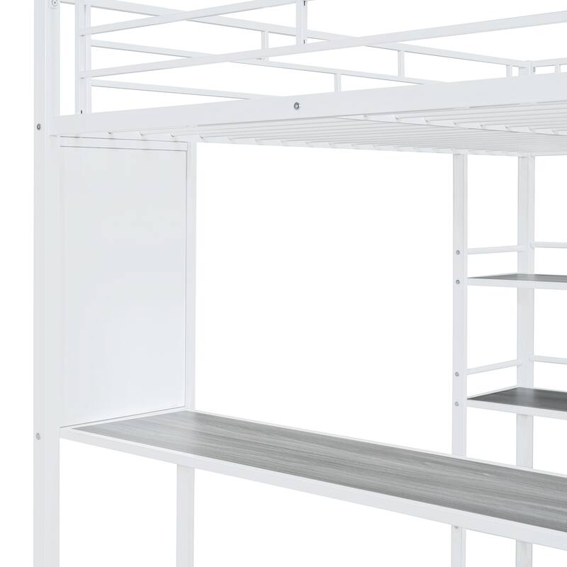 Stylish Twin Size Loft Metal Bed with Shelves, Desk, and Whiteboard - Space-Saving Metal Frame Bed for Work and Play