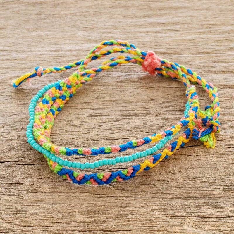 NOVICA Solola Spring, Macrame beaded wristband bracelet - 5" min L - x 10.5" max L x 0.4" W