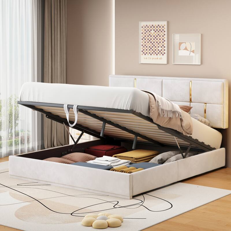 Queen Size Upholstered Platform Bed with Hydraulic Storage, No Box Spring Needed, Beige - Beige