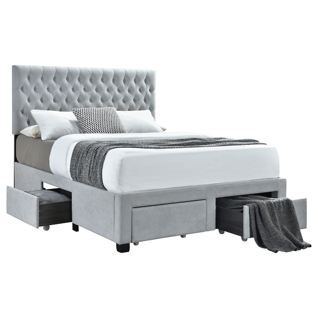 Upholstered Storage Panel Bed with Button Tufted Headboard, Fabric Upholstery, and Four Spacious Drawers