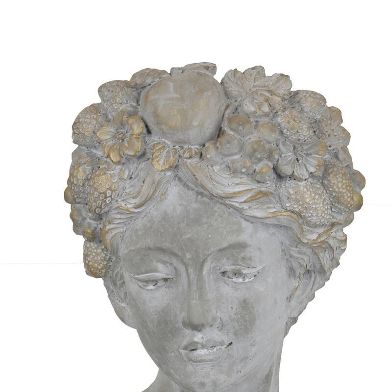 Farah Bust Statuette Planter, Floral Details, Gray Terracotta 13 Inch