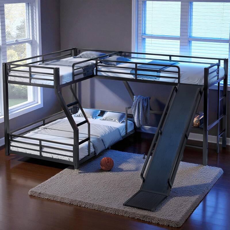 L-Shaped Metal Triple Bunk Bed with Slide & USB, Twin XL over Queen/Twin over Full with Loft, Noise-Free, Black