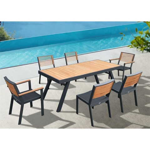 HIGOLD - 2017 York 7- piece Outdoor Dining Set , Chairs with Hollow Teak Backrest Powder Coated Aluminum Teak Wood