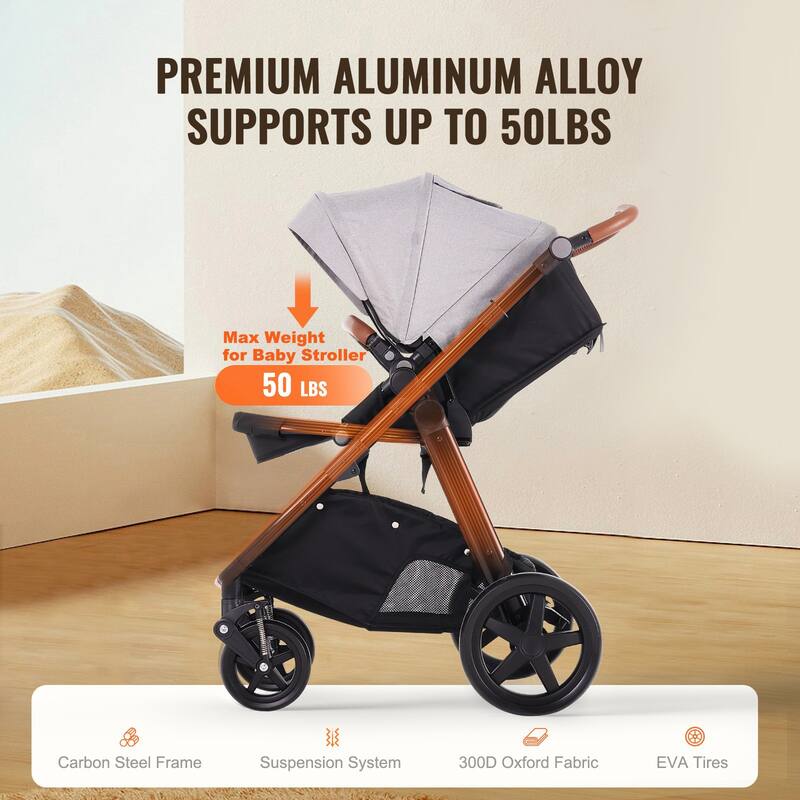 Oxford Aluminum Stroller with Bassinet and Adjustable Canopy - 35.4” L x 25.8” W x 43.9” H