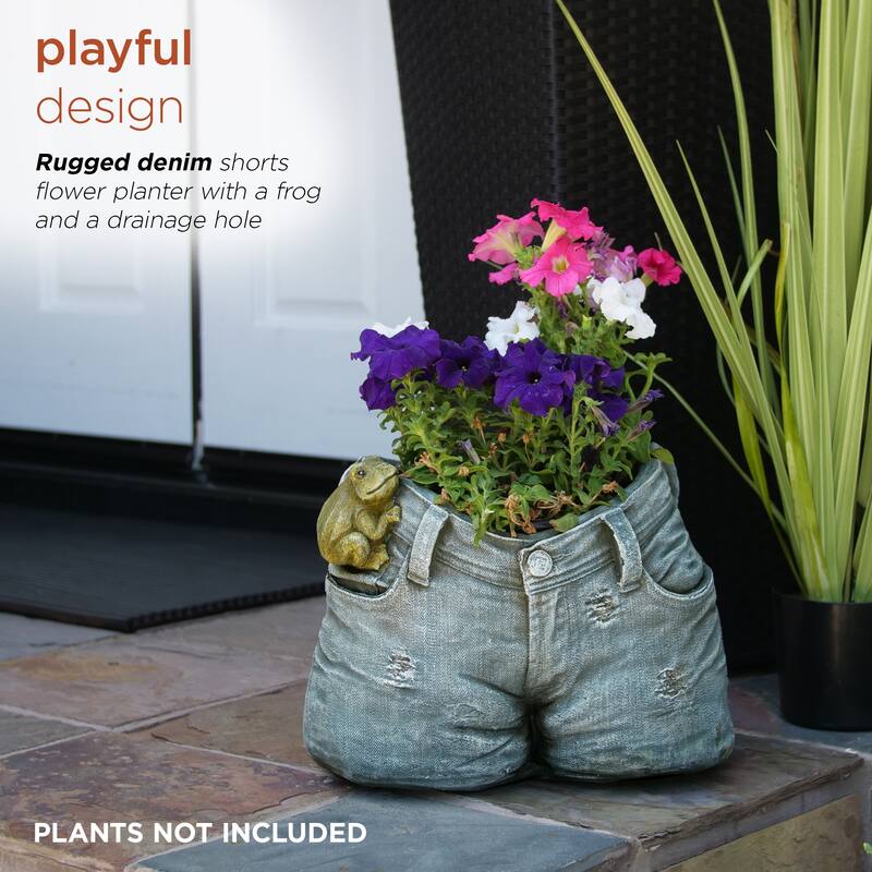 Alpine Corporation 10" Tall Indoor/Outdoor Denim Shorts with Frog Shaped Planter and Yard Decoration - 14"L x 11"W x 10"H