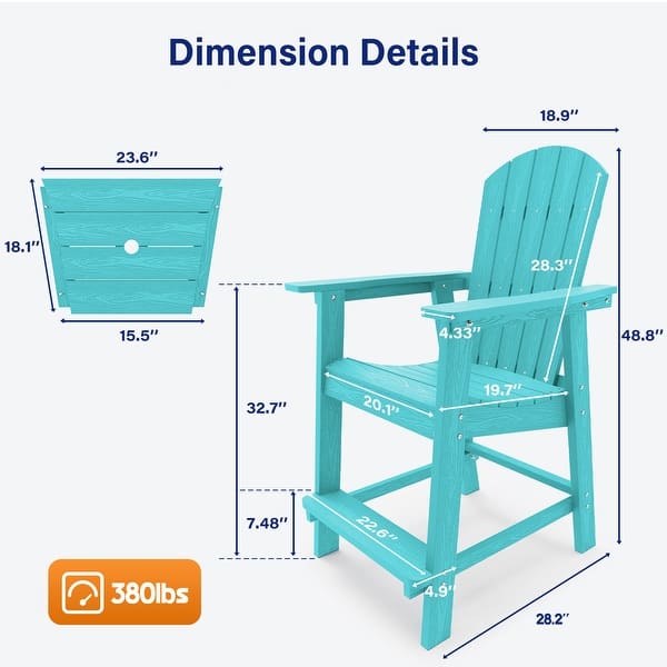 dimension image slide 6 of 8, WINSOON 3PCs Tall Adirondack Chairs, Weather Resistant HIPS Balcony Chairs with Connecting Tray and Umbrella Hole