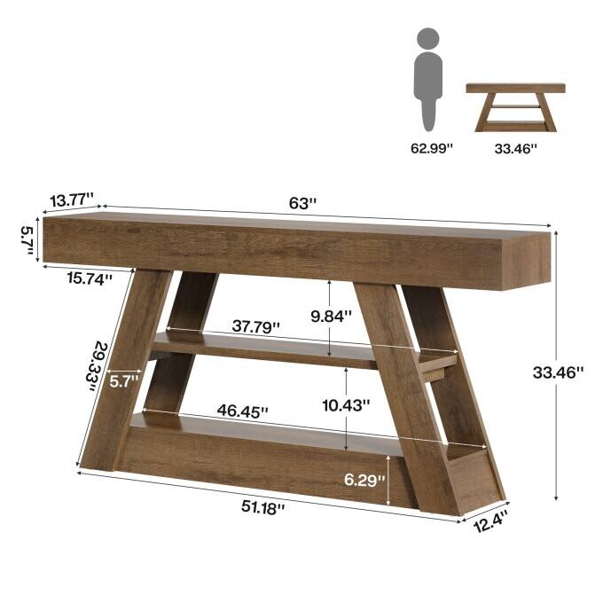 63-Inch Console Table, Wooden Entryway Table with Storage Shelves
