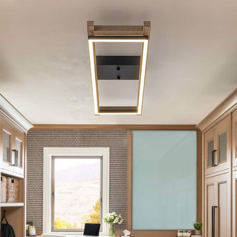 Integrated LED Rectangle Wood Semi Flush Mount Ceiling Light for Hallway Foyer