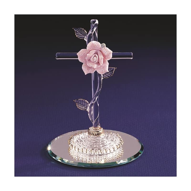 Curata Handmade Cross with Pink Rose Glass Figurine - 3" x 4.25"