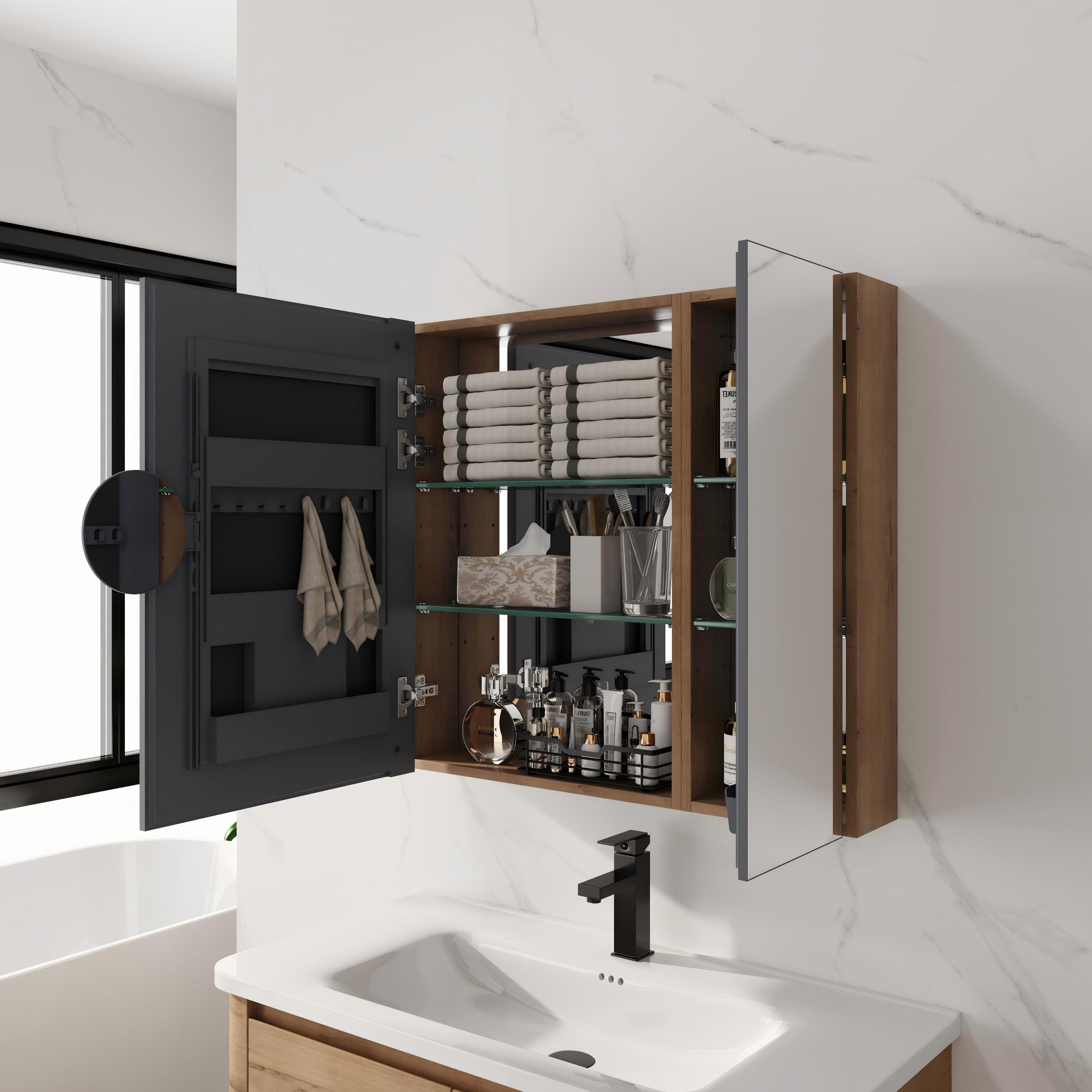 29.63" Bathroom Mirror Cabinet with Storage,Wall Mounted Medicine Cabinet with Mirror Door,Adjustable Glass Shelves,Plywood