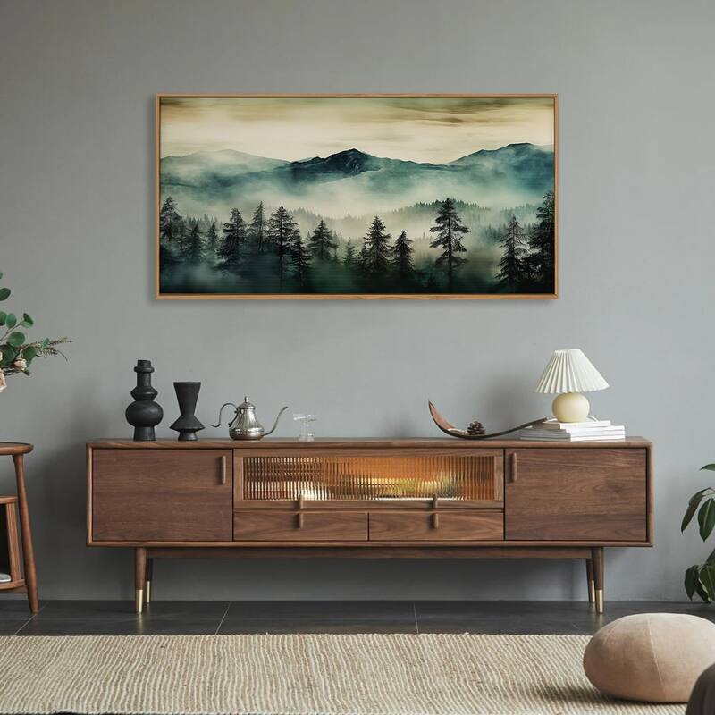 Green Foggy Forest Mountain Framed Canvas Wall Art Set