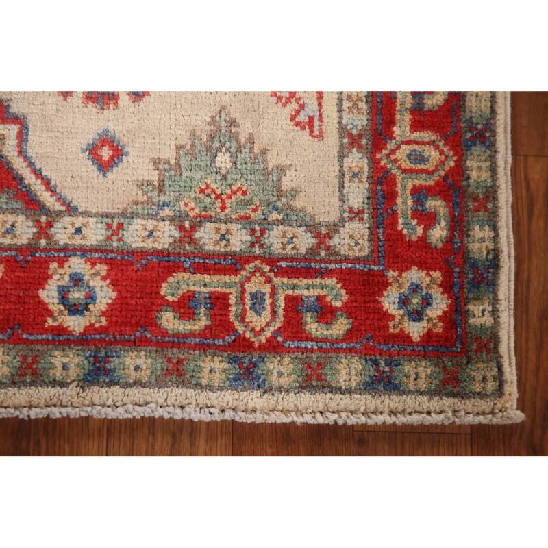Kazak Accent Rug Hand-Knotted Geometric Beige Wool Carpet - 2'9" x 4'1"
