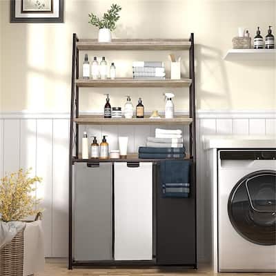3 Section Laundry Hamper with 4 Tiers Shelf, Pull Out and Removable Laundry Bags - 33.07 x 15.74 x 62.2 inches