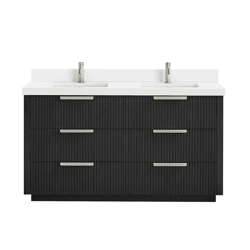 Santarem Double Vanity with Pure White Quartz Stone Top without Mirror - 60" - Oak Weathered Black