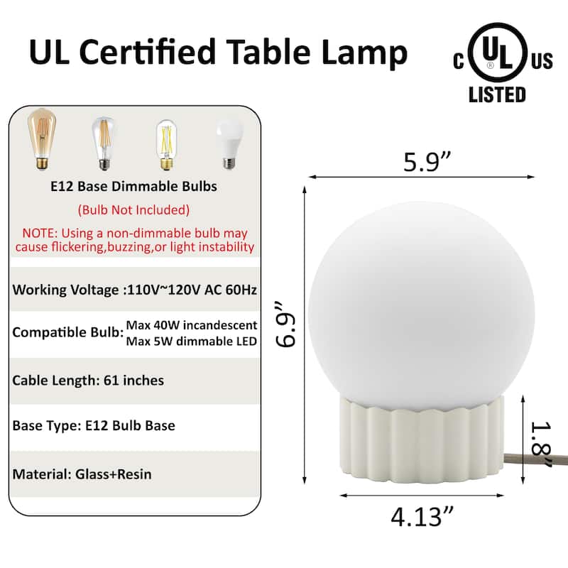 Modern 6.9" Opal Glass Globe Table Lamp with Fluted Resin Base, Dimmerable Rotary Switch, Accent Lighting (Bulb Not Included)
