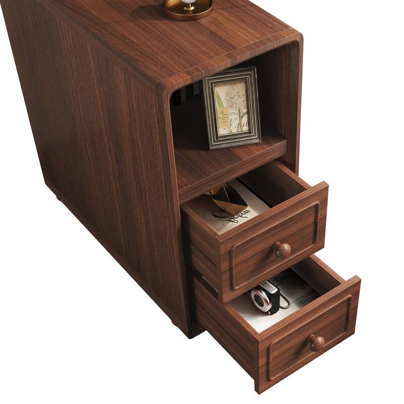 Tall Narrow Side Table Reversible Corner End Table with Charging Station, Storage Drawers and Open Shelves