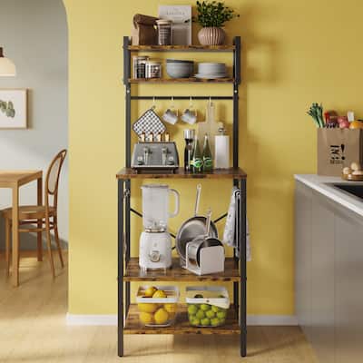 5-Tier Kitchen Bakers Rack with Adjustable Shelves, Microwave Stand with Storage, Kitchen Shelves with 8 Hooks