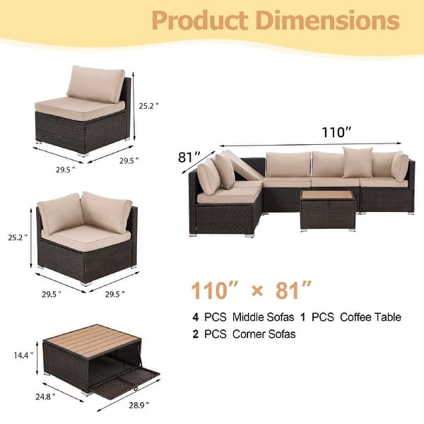 dimension image slide 5 of 9, EROMMY 6/7 Piece Modular Outdoor Rattan Sofa Set, All-Weather Wicker Patio Furniture with Storage Table, Cushions & Pillows