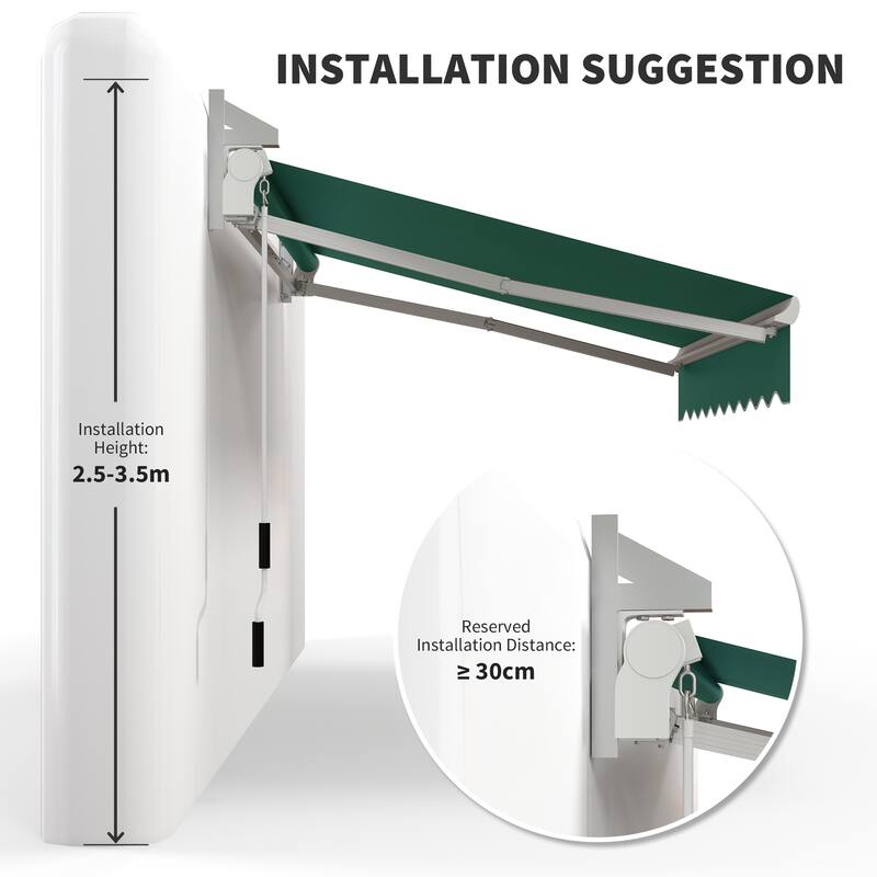 8ft x 7ft Manual Retractable Patio Awning, Sun Shade with Adjustable Protection, Sturdy Polyester Fabric, Green