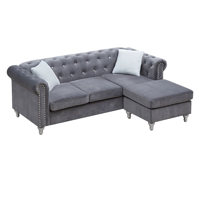 Tufted Faux Jewel Velvet 3-Seater Sofa with Throw Pillows - 82" - Gray