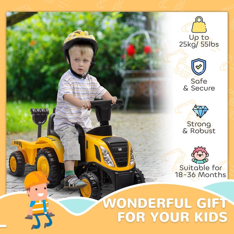 Licensed Caterpillar Kids Ride-On Tractor with Shovel, Storage Trailer, Lights & Music - Yellow