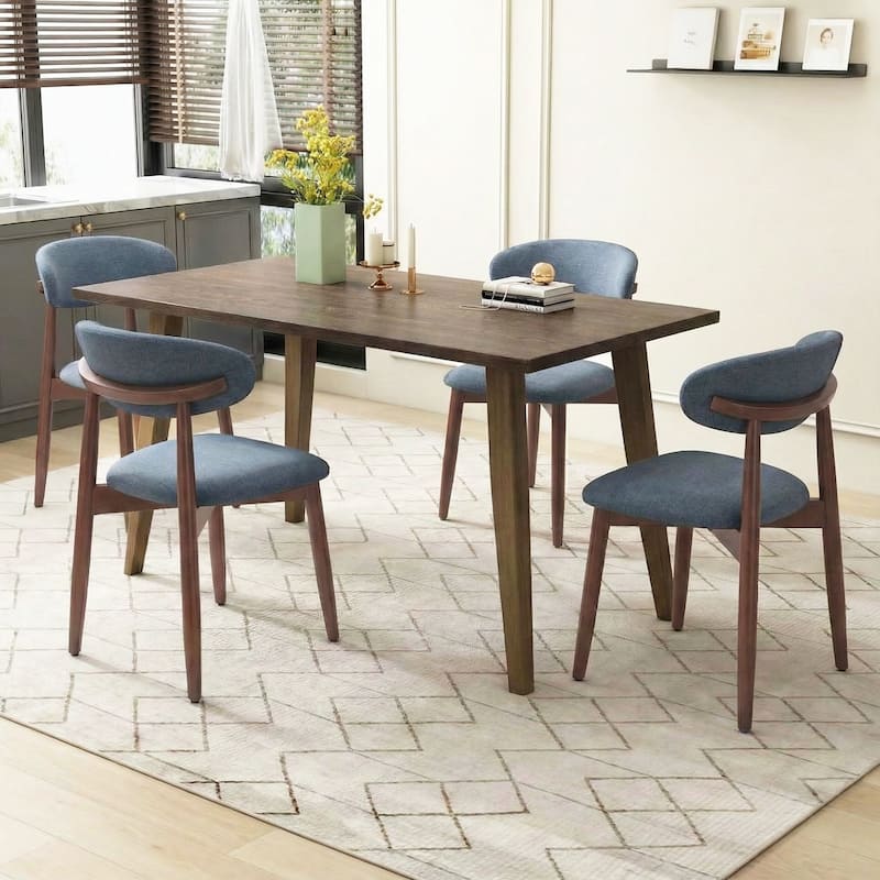 RENEWLINE Linen Upholstered Solid Wood Curved Back Dining Chair - Set of 4 - Blue