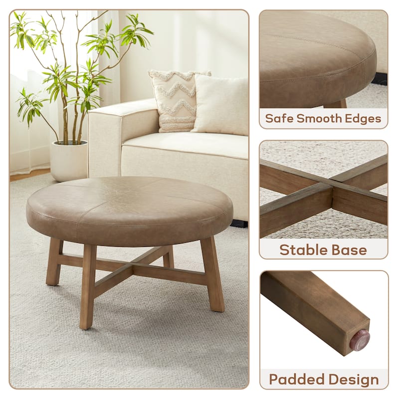 Round Upholstered Coffee Table with Solid Wood Base, Modern Fabric Ottoman Table for Living Room