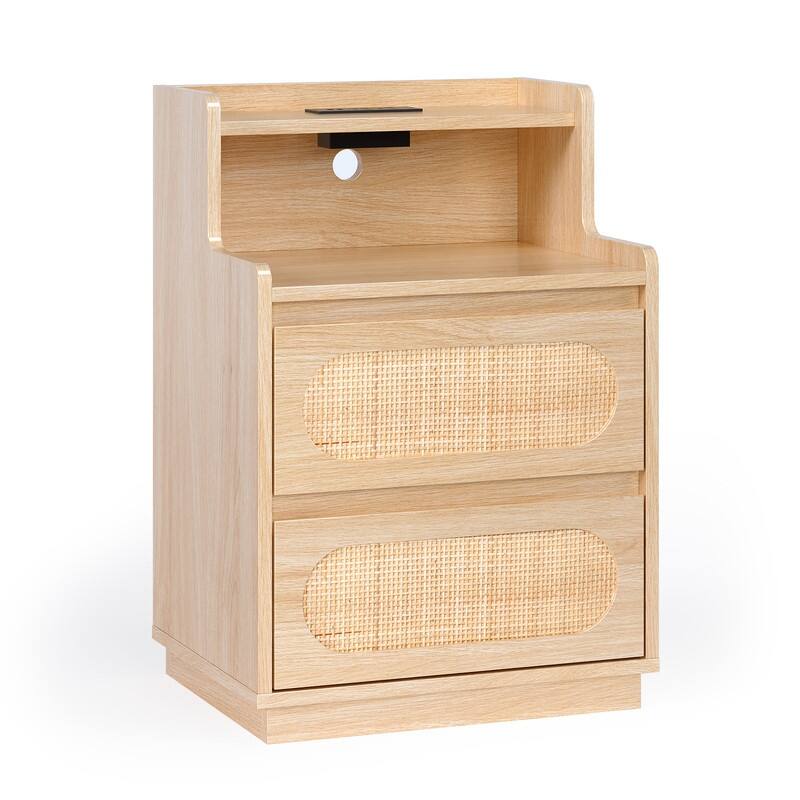 Oak Nightstand with 2 Drawers, Shelf, Socket & Rattan Detail