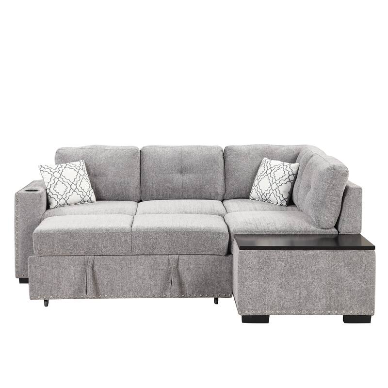 83.8'' L-Shaped 4 Seater Sectional Sofa with Pull-Out Bed, Storage Chaise, USB Ports, Power Sockets, and Cup Holders