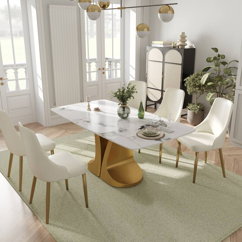 70-Inch Rectangle Marble Dining Table, Modern Sintered Stone Kitchen Dinner Table with Gold Finish Metal Base for 6-8 - White&Black