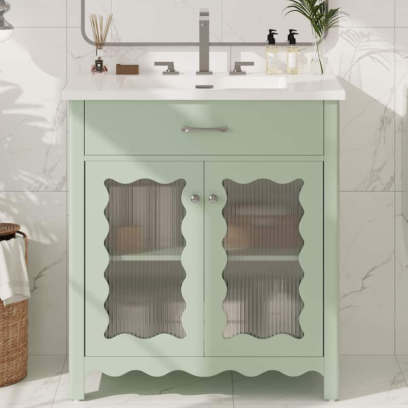 Christopher Knight Home - Alaric 31" Bathroom Vanity with Ceramic Sink and Tempered Glass Door - Green