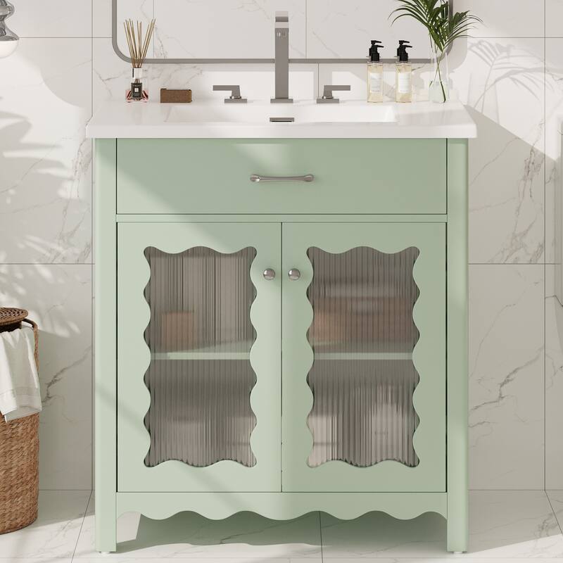 Modern Bathroom Vanity Featuring Tempered Glass And Rubber Wood Legs With Soft-Close Doors