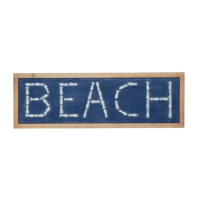 White Metal Beach Sign Wall Decor with Brown Frame