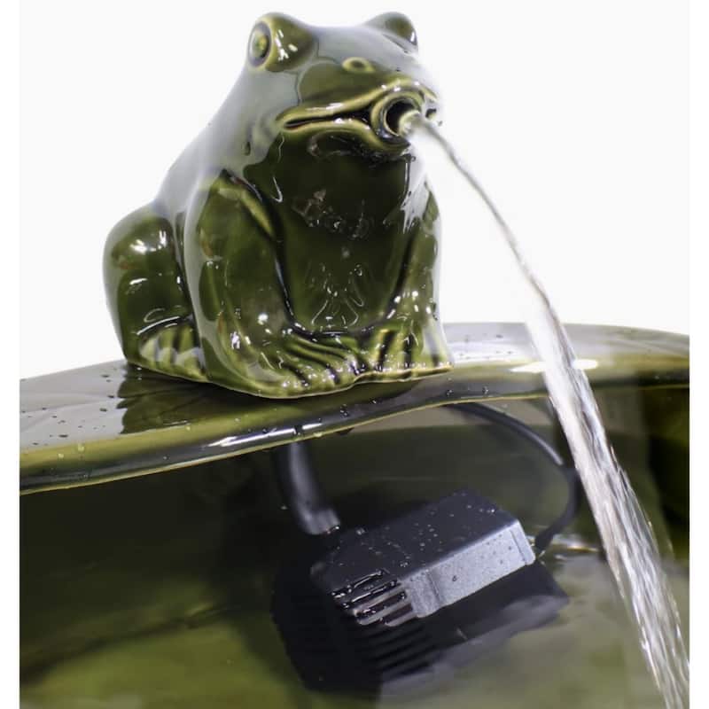 Green Glazed Ceramic Fountain Bird Bath with Frog and Solar Pump - 14.6W x 7.1D x 5H in.