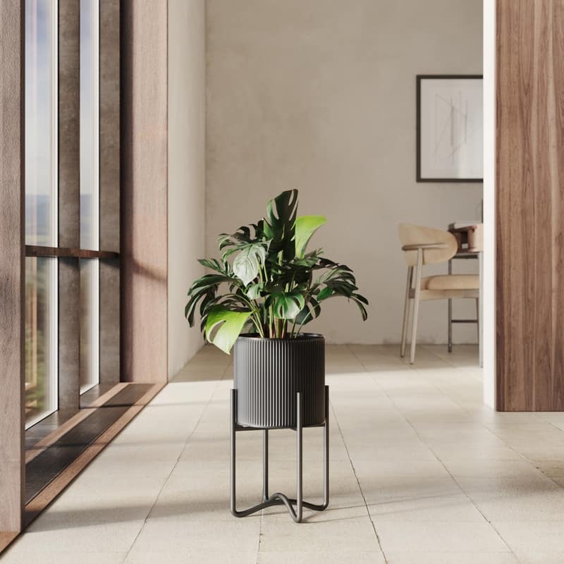 Everett Black Mid-Century Modern Indoor Metal Pot Planter with Tall Metal Base - 16.25" H  x 9.25" W - Black
