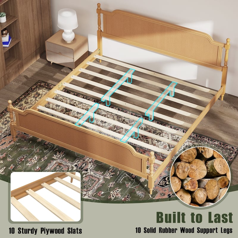 Rattan Platform Bed Frame with Handwoven Rattan Headboard and Footboard, No Box Spring Needed Solid Pine Wood Bed Frame