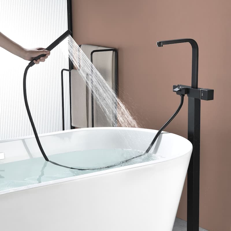 Floor Mount Tub Faucet with Hand Shower Matte Black Modern Single Handle Freestanding Bathtub Filler