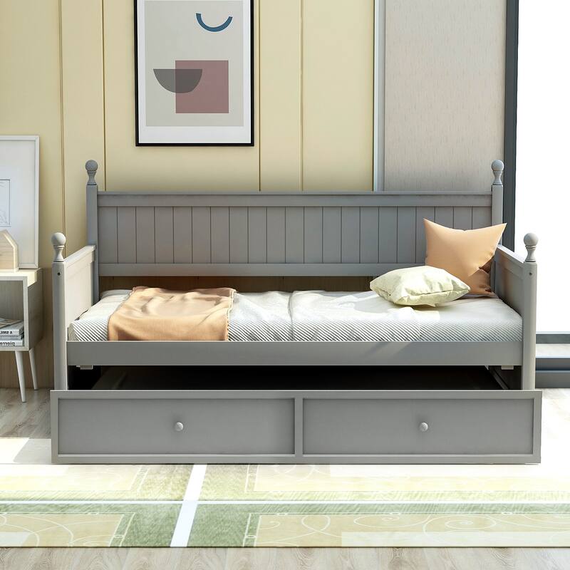 Contemporary Twin Size Wood Daybed with Built-in Storage Drawers or Trundle, No Box Spring Required