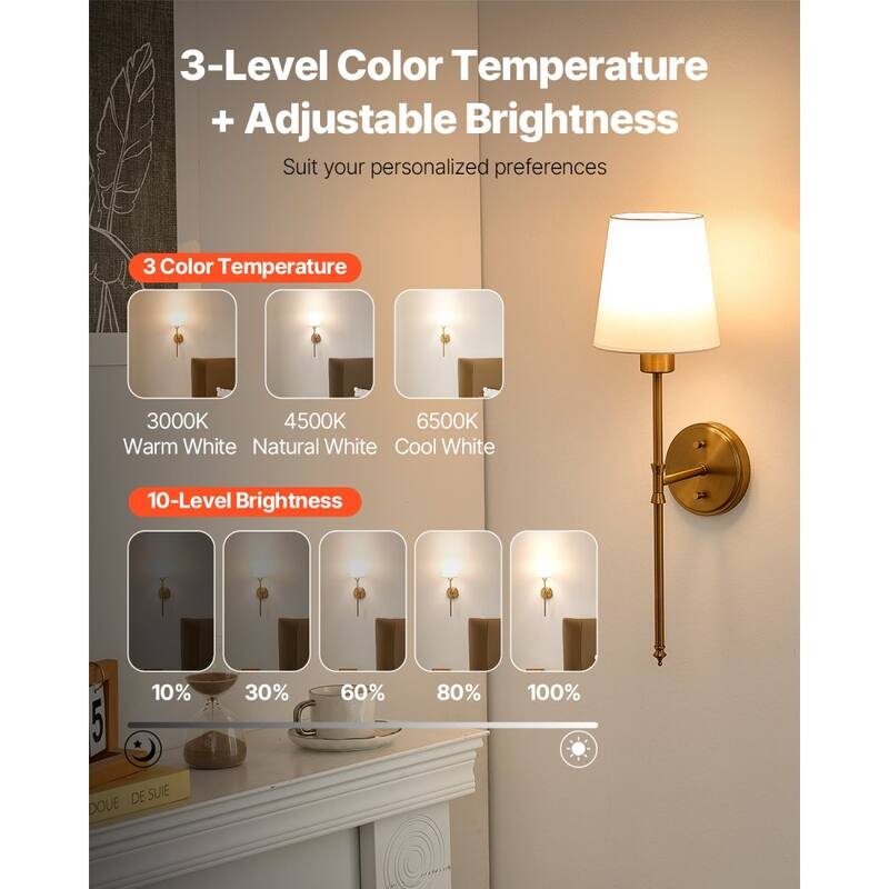 Gold and White Rechargeable Battery-Operated Wall Sconces with 12 RGB Colors - 23.82 x 6.69 x 8.39 in